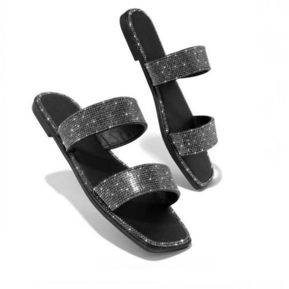 !! NEW !! Embellished Double Strap Square Toe Sandals in Black - Picture 4 of 10